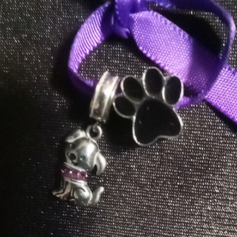 Silver Puppy Dog Charm With Pink Crystal Collar & Dog Paw Charm